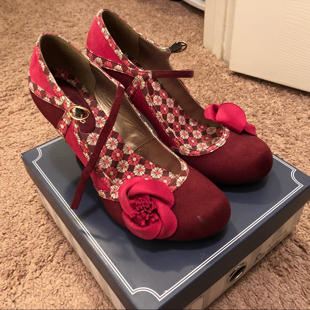 Ruby Shoo Floral Burgundy Mary Jane Heel Worn Once
